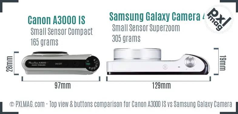 Canon A3000 IS vs Samsung Galaxy Camera 4G top view buttons comparison