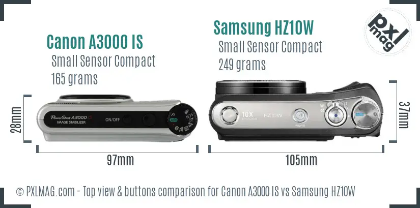 Canon A3000 IS vs Samsung HZ10W top view buttons comparison