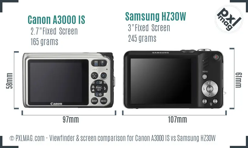 Canon A3000 IS vs Samsung HZ30W Screen and Viewfinder comparison