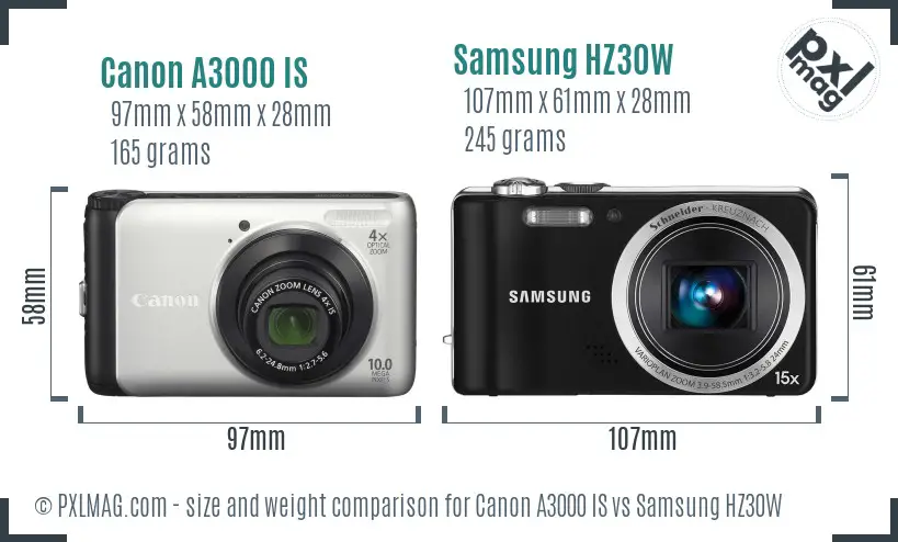 Canon A3000 IS vs Samsung HZ30W size comparison Canon A3000 IS vs Samsung HZ30W size comparison