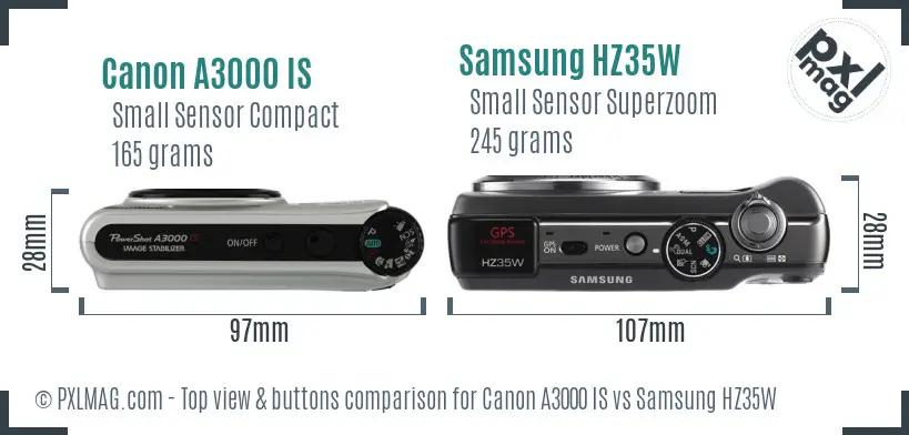 Canon A3000 IS vs Samsung HZ35W top view buttons comparison