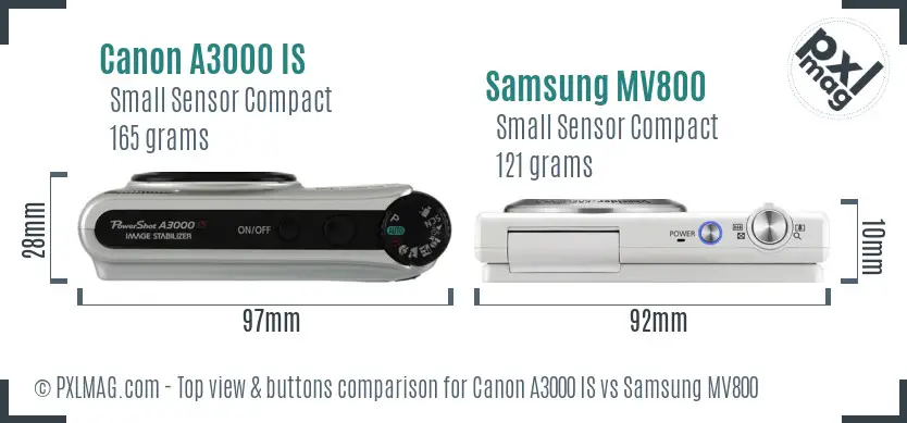 Canon A3000 IS vs Samsung MV800 top view buttons comparison