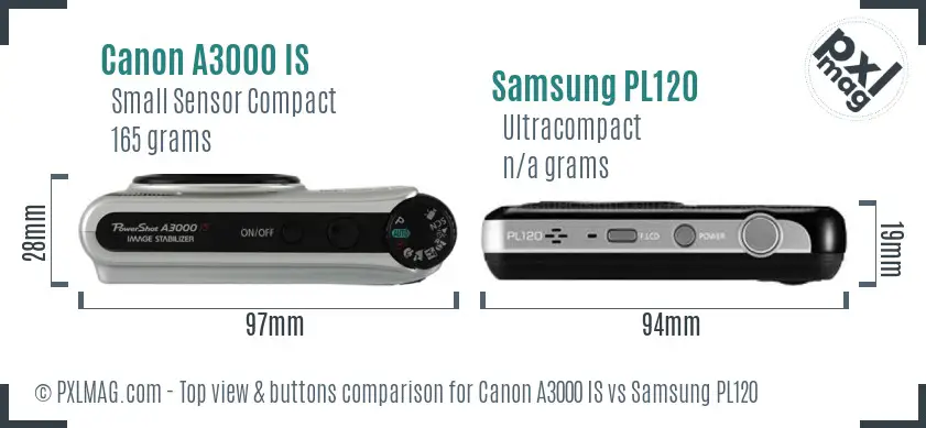 Canon A3000 IS vs Samsung PL120 top view buttons comparison