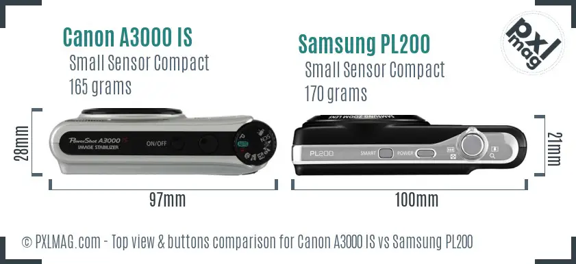 Canon A3000 IS vs Samsung PL200 top view buttons comparison Canon A3000 IS vs Samsung PL200 top view buttons comparison