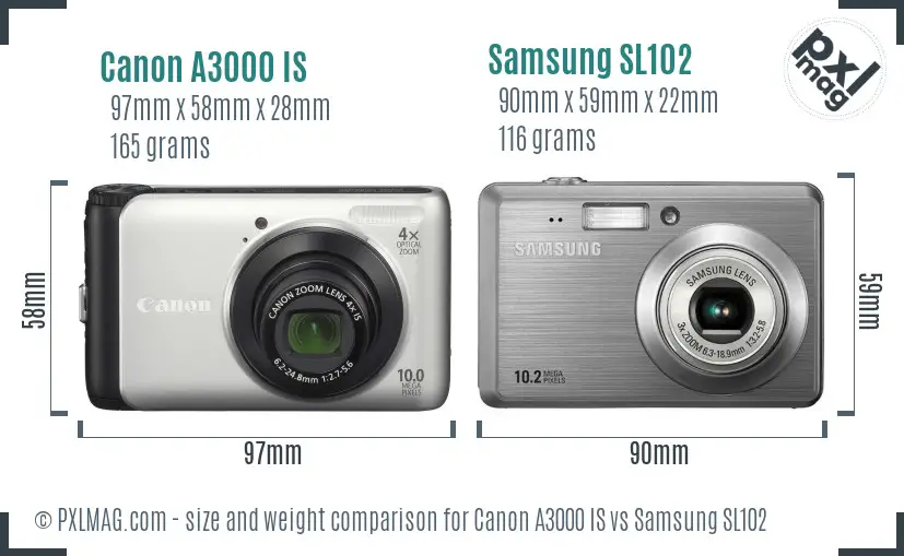 Canon A3000 IS vs Samsung SL102 size comparison