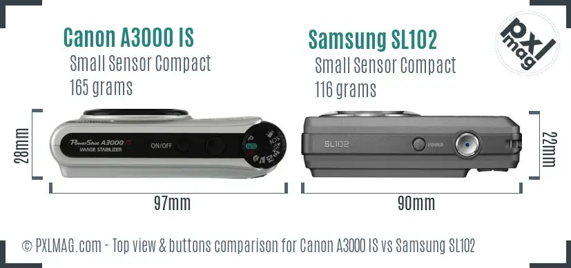 Canon A3000 IS vs Samsung SL102 top view buttons comparison