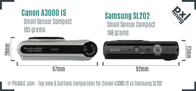 Canon A3000 IS vs Samsung SL202 top view buttons comparison Canon A3000 IS vs Samsung SL202 top view buttons comparison
