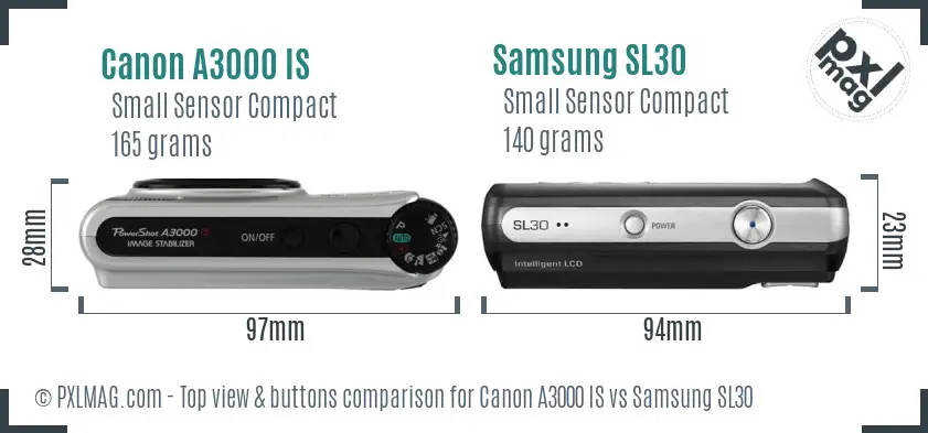 Canon A3000 IS vs Samsung SL30 top view buttons comparison