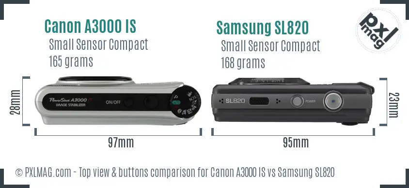 Canon A3000 IS vs Samsung SL820 top view buttons comparison