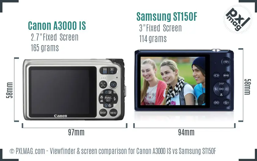 Canon A3000 IS vs Samsung ST150F Screen and Viewfinder comparison