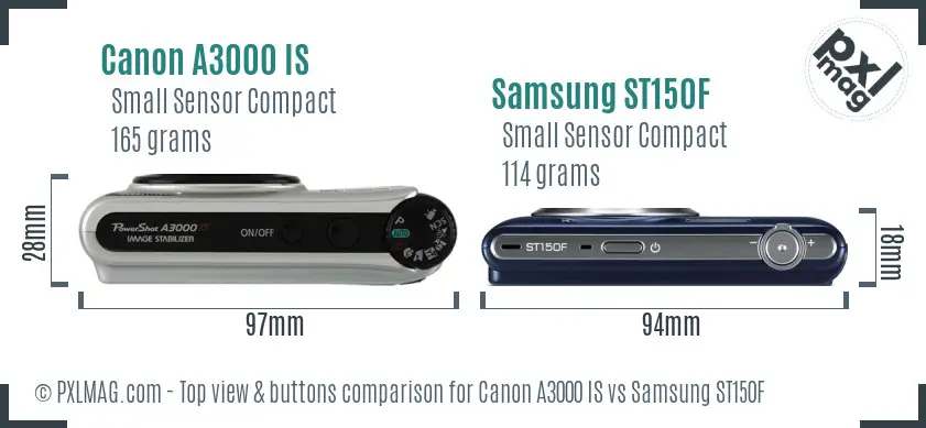 Canon A3000 IS vs Samsung ST150F top view buttons comparison