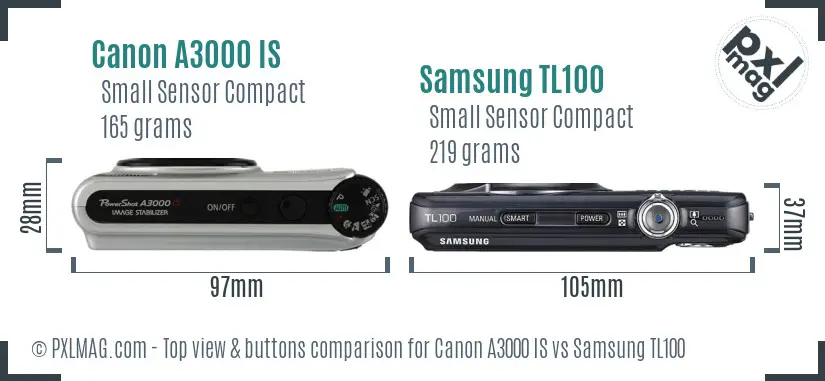 Canon A3000 IS vs Samsung TL100 top view buttons comparison Canon A3000 IS vs Samsung TL100 top view buttons comparison