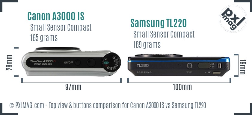 Canon A3000 IS vs Samsung TL220 top view buttons comparison
