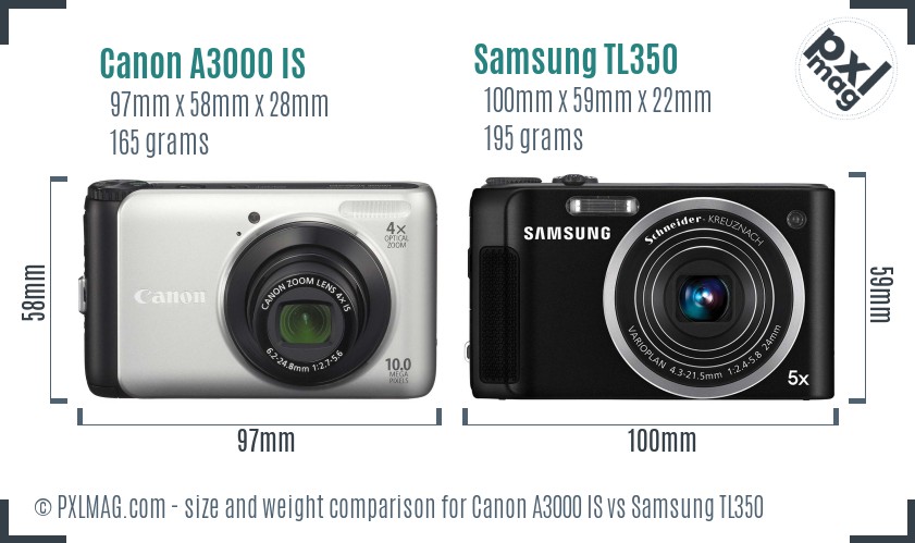 Canon A3000 IS vs Samsung TL350 size comparison