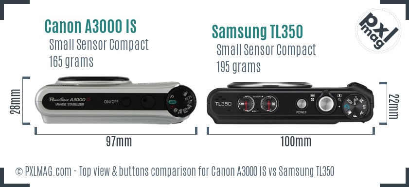 Canon A3000 IS vs Samsung TL350 top view buttons comparison