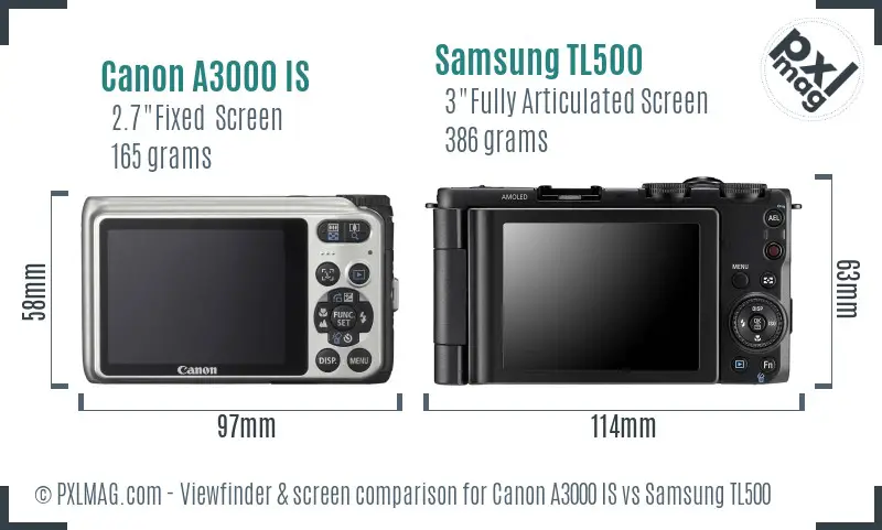 Canon A3000 IS vs Samsung TL500 Screen and Viewfinder comparison