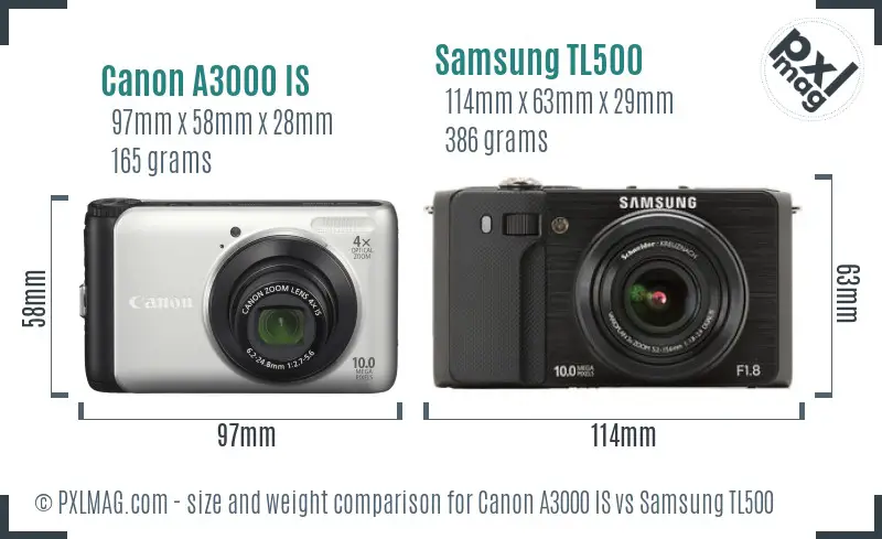 Canon A3000 IS vs Samsung TL500 size comparison Canon A3000 IS vs Samsung TL500 size comparison