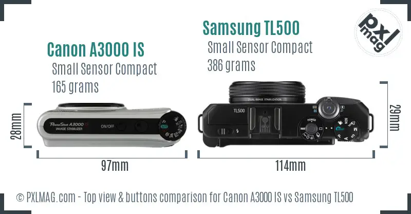 Canon A3000 IS vs Samsung TL500 top view buttons comparison