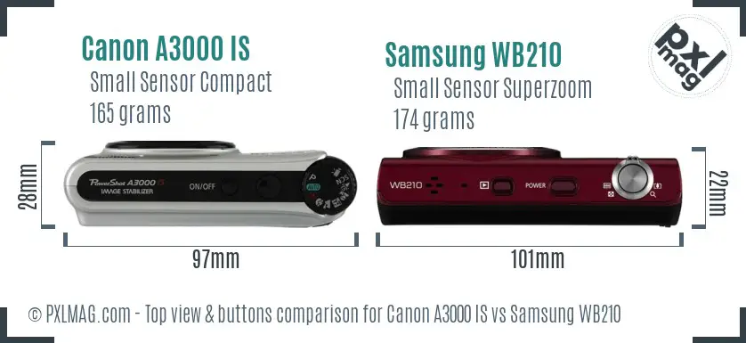 Canon A3000 IS vs Samsung WB210 top view buttons comparison