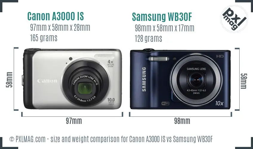 Canon A3000 IS vs Samsung WB30F size comparison