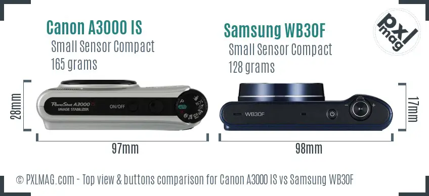 Canon A3000 IS vs Samsung WB30F top view buttons comparison