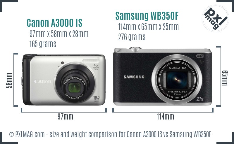 Canon A3000 IS vs Samsung WB350F size comparison