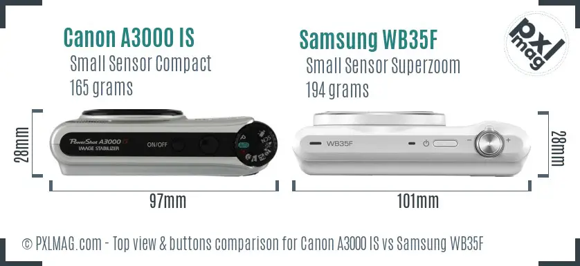 Canon A3000 IS vs Samsung WB35F top view buttons comparison Canon A3000 IS vs Samsung WB35F top view buttons comparison