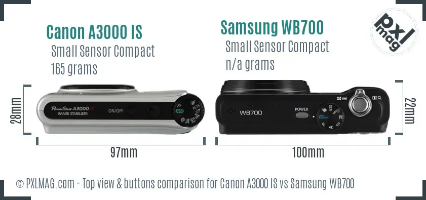 Canon A3000 IS vs Samsung WB700 top view buttons comparison