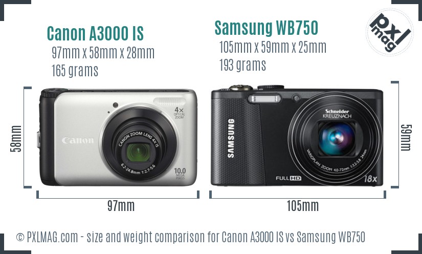 Canon A3000 IS vs Samsung WB750 size comparison