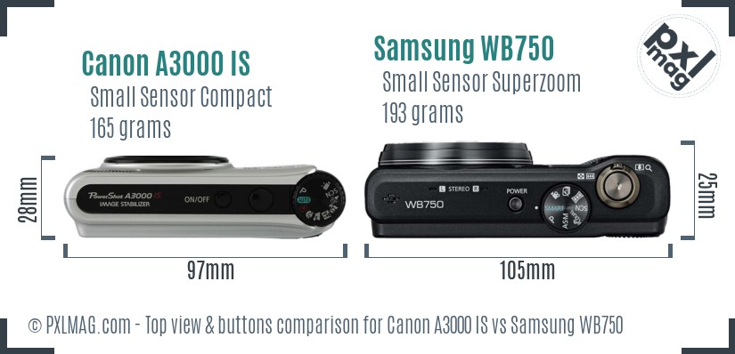 Canon A3000 IS vs Samsung WB750 top view buttons comparison