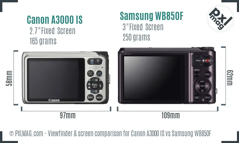 Canon A3000 IS vs Samsung WB850F Screen and Viewfinder comparison Canon A3000 IS vs Samsung WB850F Screen and Viewfinder comparison