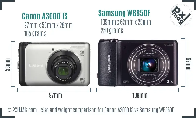 Canon A3000 IS vs Samsung WB850F size comparison Canon A3000 IS vs Samsung WB850F size comparison