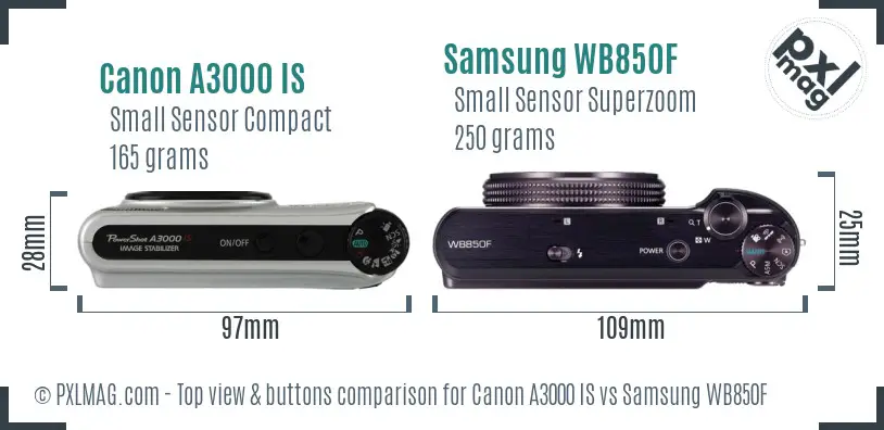 Canon A3000 IS vs Samsung WB850F top view buttons comparison Canon A3000 IS vs Samsung WB850F top view buttons comparison