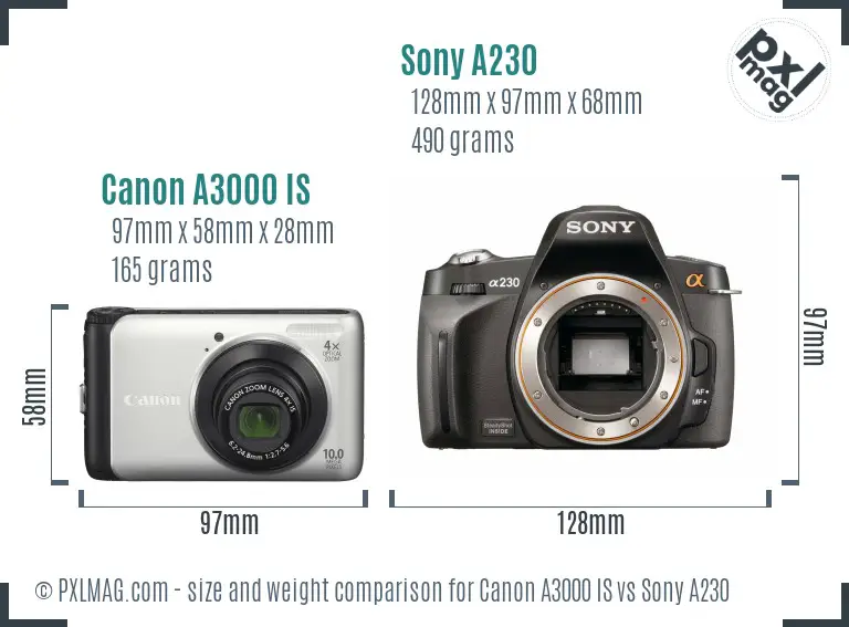 Canon A3000 IS vs Sony A230 size comparison
