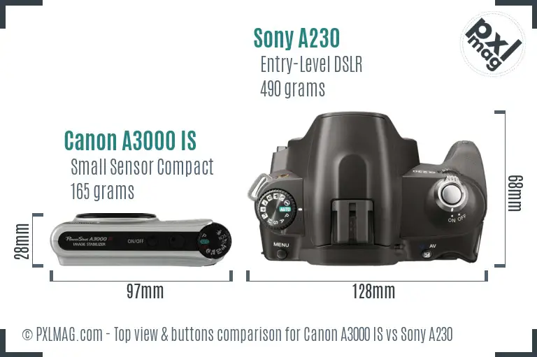 Canon A3000 IS vs Sony A230 top view buttons comparison