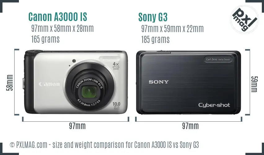 Canon A3000 IS vs Sony G3 size comparison