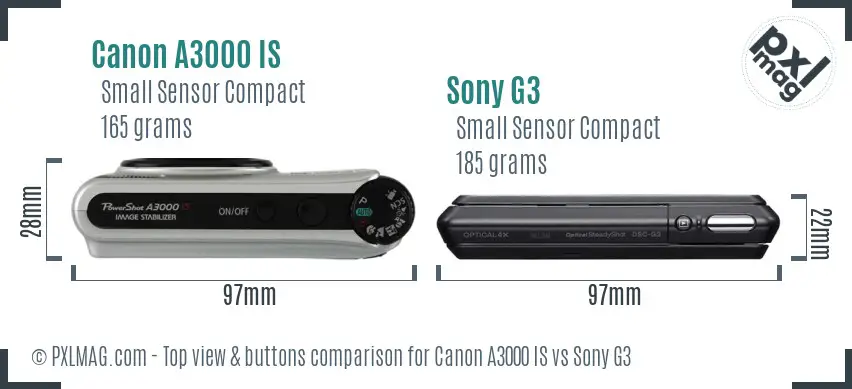 Canon A3000 IS vs Sony G3 top view buttons comparison