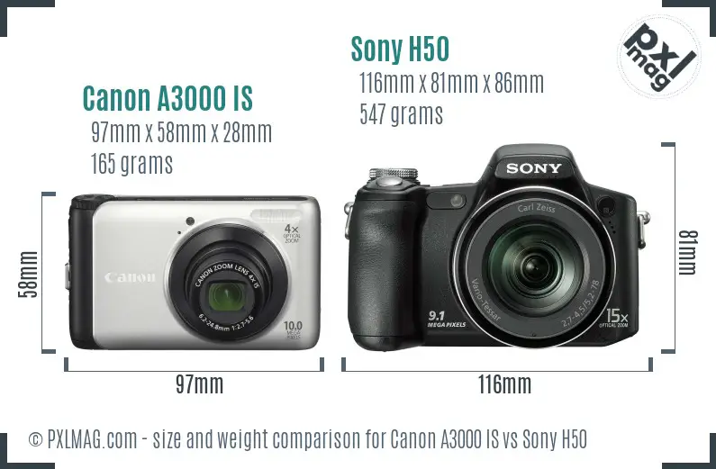 Canon A3000 IS vs Sony H50 size comparison