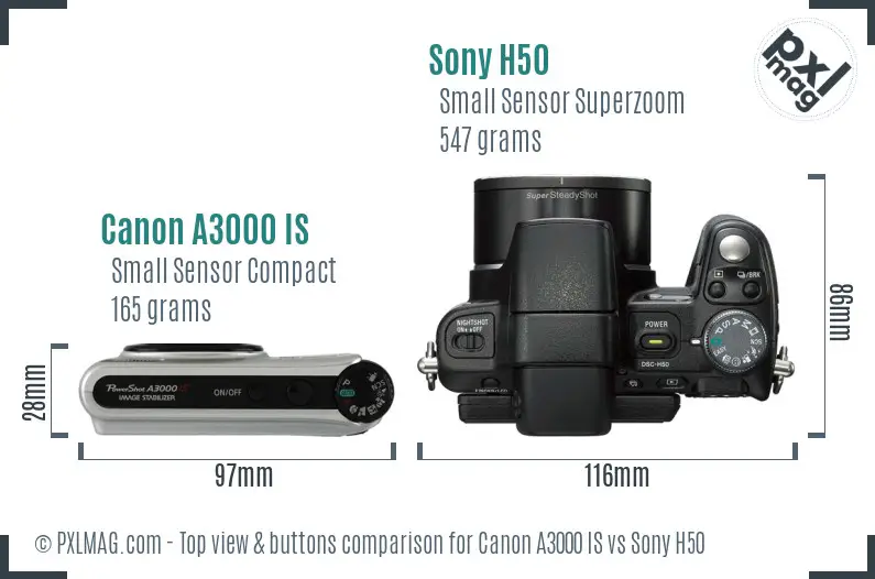 Canon A3000 IS vs Sony H50 top view buttons comparison