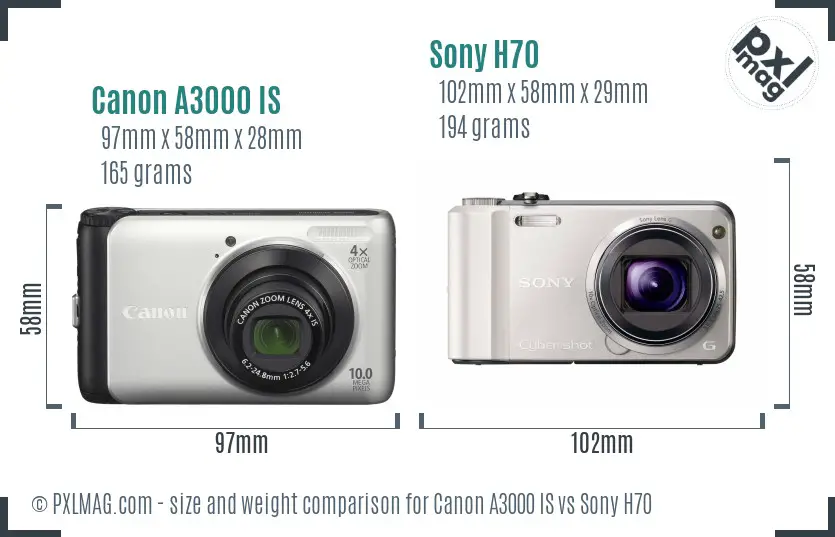 Canon A3000 IS vs Sony H70 size comparison