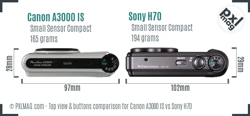 Canon A3000 IS vs Sony H70 top view buttons comparison