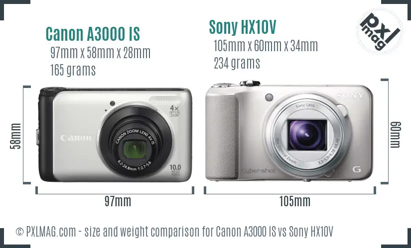 Canon A3000 IS vs Sony HX10V size comparison