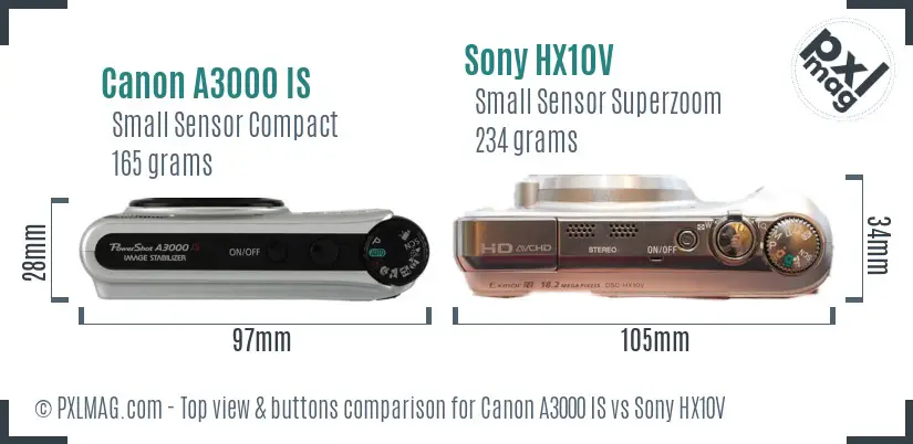 Canon A3000 IS vs Sony HX10V top view buttons comparison