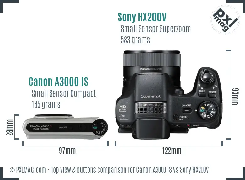 Canon A3000 IS vs Sony HX200V top view buttons comparison