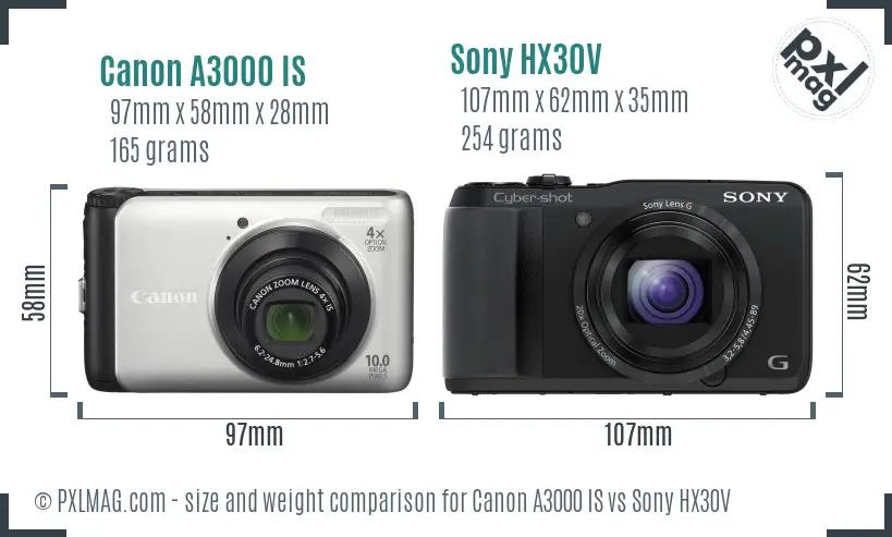 Canon A3000 IS vs Sony HX30V size comparison Canon A3000 IS vs Sony HX30V size comparison