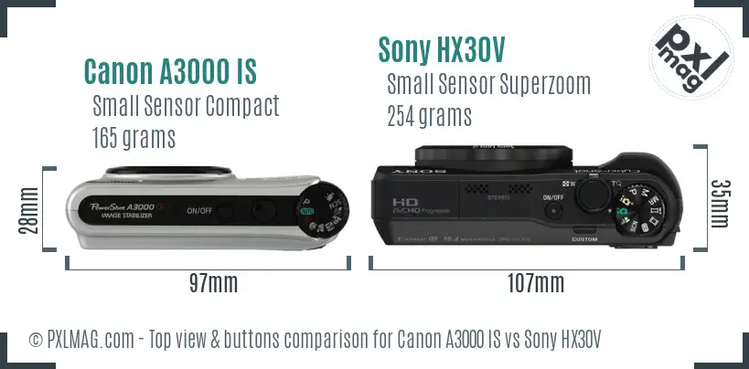 Canon A3000 IS vs Sony HX30V top view buttons comparison Canon A3000 IS vs Sony HX30V top view buttons comparison