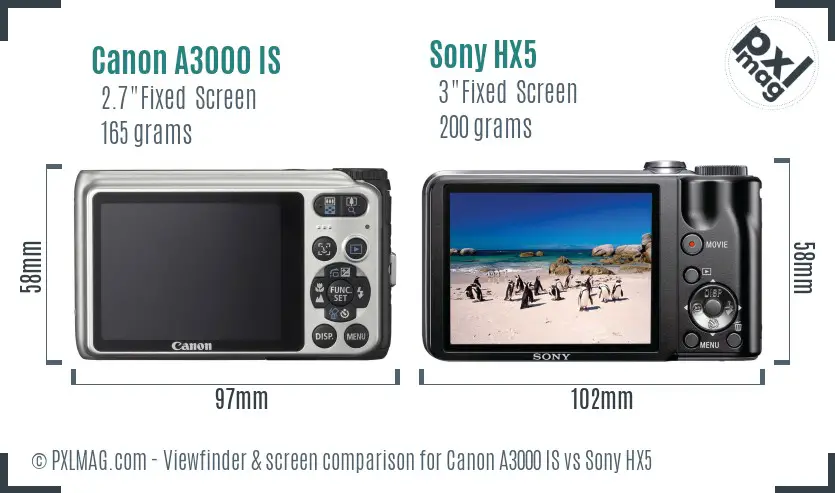 Canon A3000 IS vs Sony HX5 Screen and Viewfinder comparison