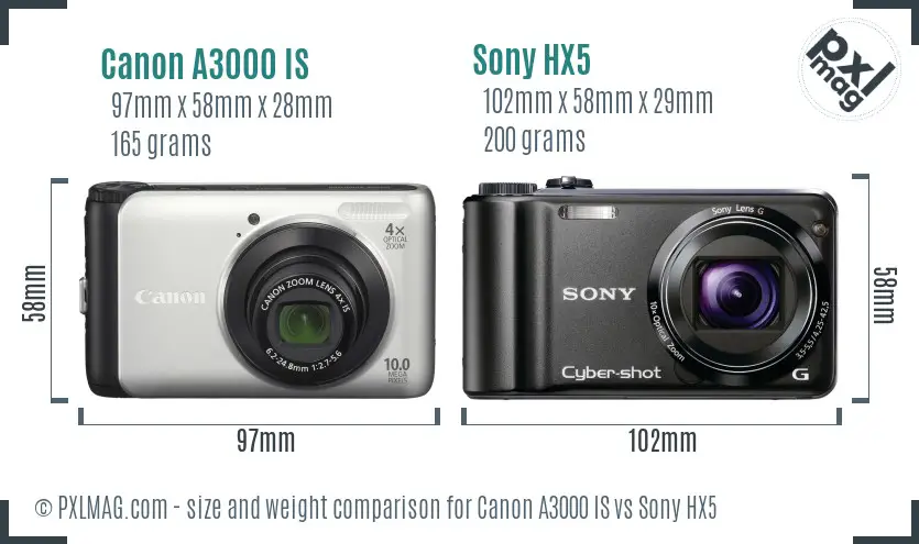 Canon A3000 IS vs Sony HX5 size comparison