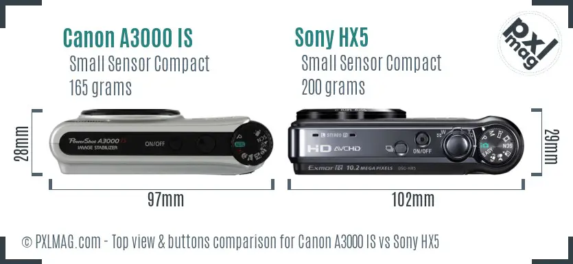 Canon A3000 IS vs Sony HX5 top view buttons comparison