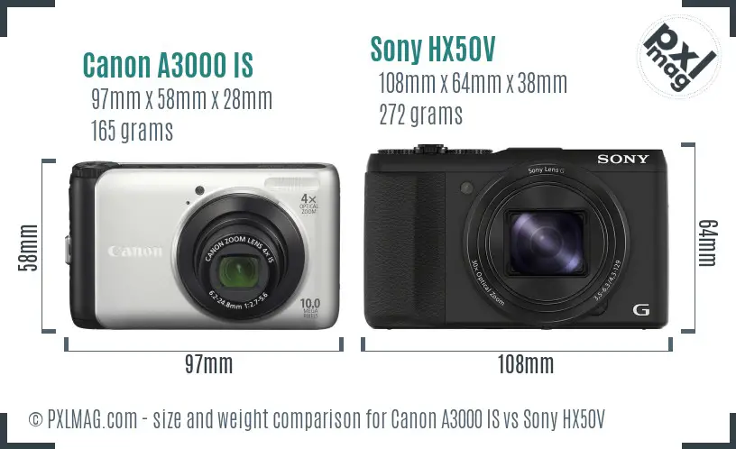 Canon A3000 IS vs Sony HX50V size comparison
